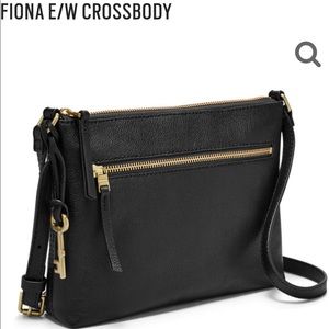 Fossil black leather crossbody bag, medium/small size bag women, black and gold